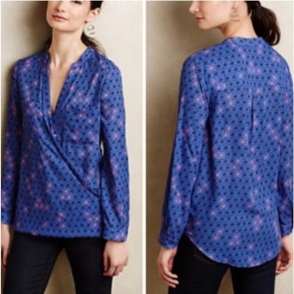 Maeve‎ Anthropologie Eva Faux Wrap Blouse Blue Print Size 6